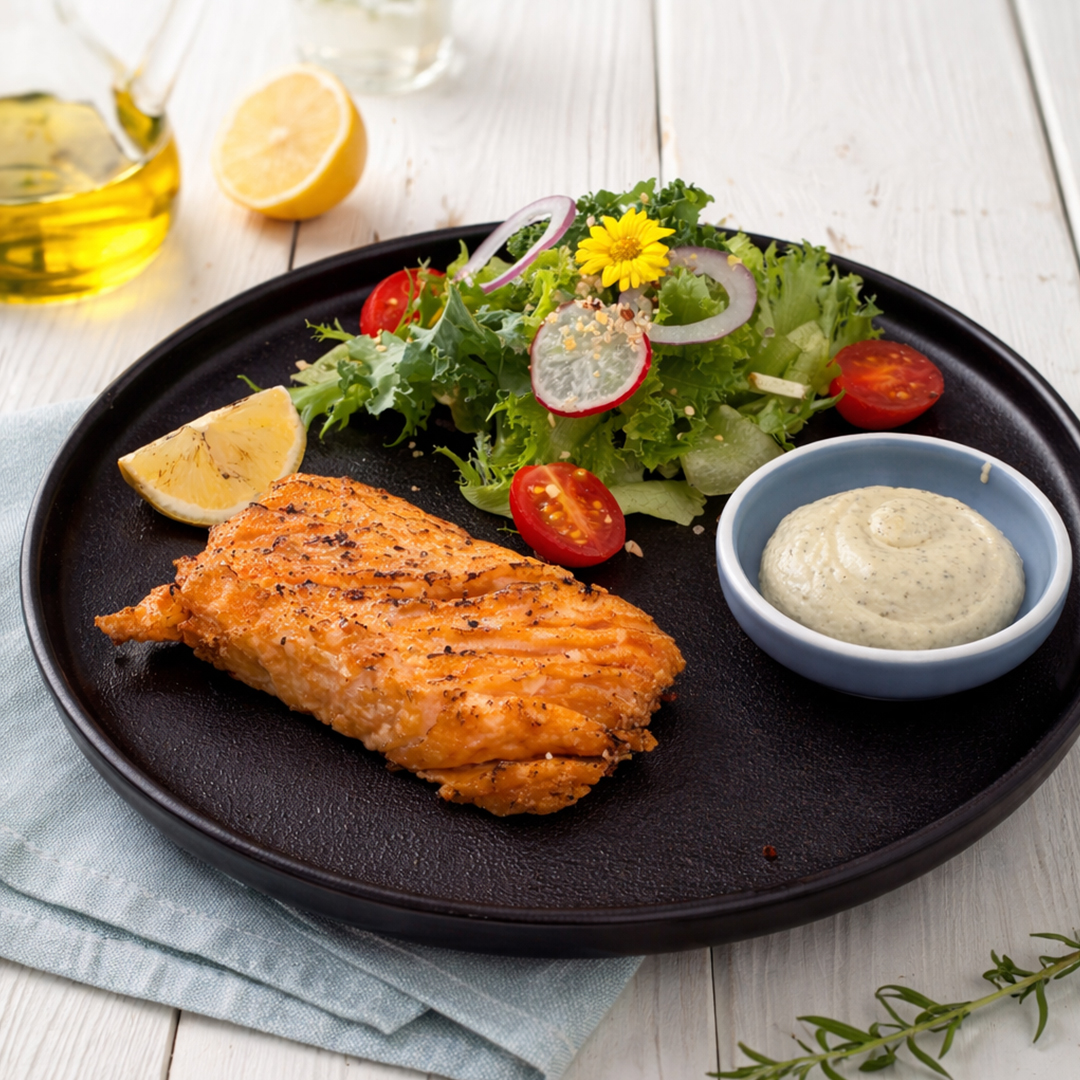 紮實Ｑ彈的純植鮭魚，餐桌上海鮮新選擇，既環保又不失口腹的營養補給。