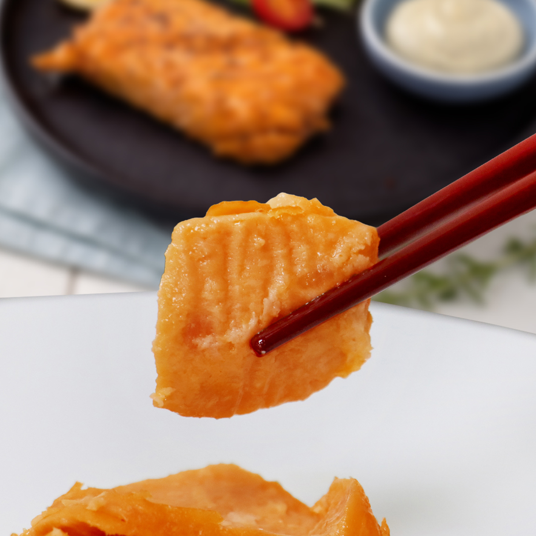 紮實Ｑ彈的純植鮭魚，餐桌上海鮮新選擇，既環保又不失口腹的營養補給。